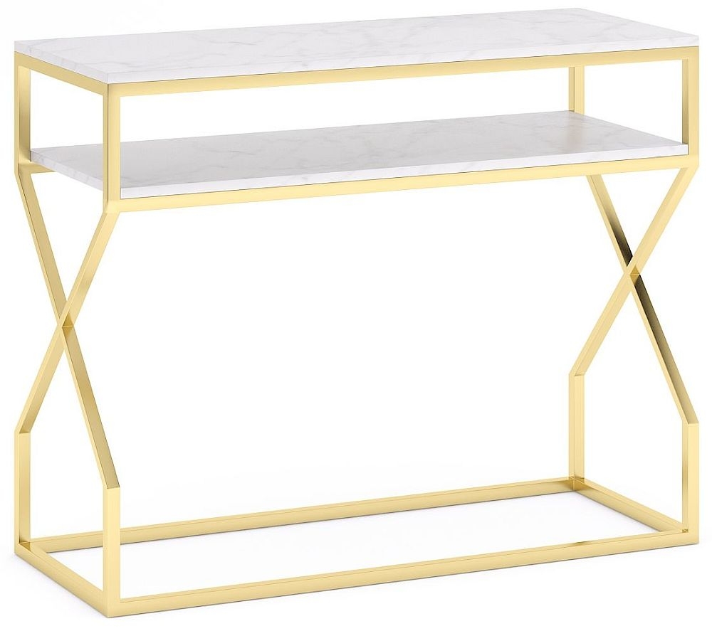 Scala White Marble Top And Gold Console Table With Middle Shelf