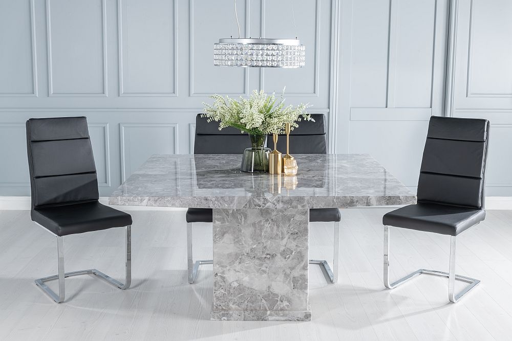 Turin Marble Dining Table Set Square Grey Top And Pedestal Base With Arabella Black Faux Leather Chairs