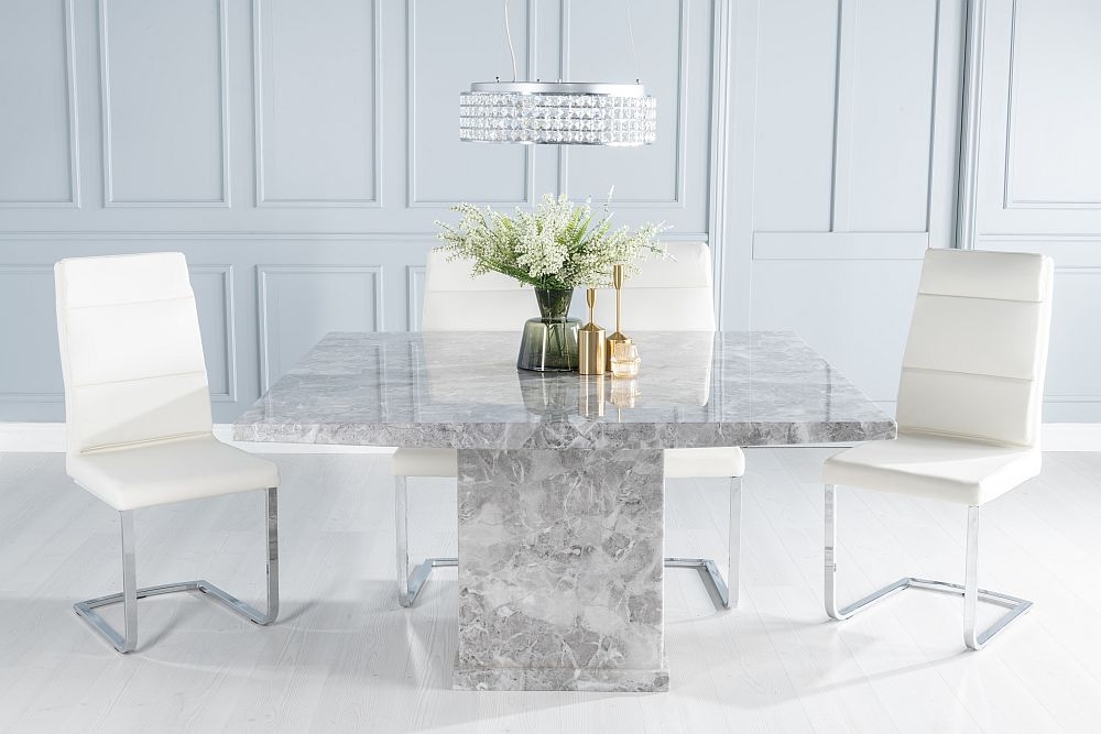 Turin Marble Dining Table Set Square Grey Top And Pedestal Base With Arabella Cream Faux Leather Chairs