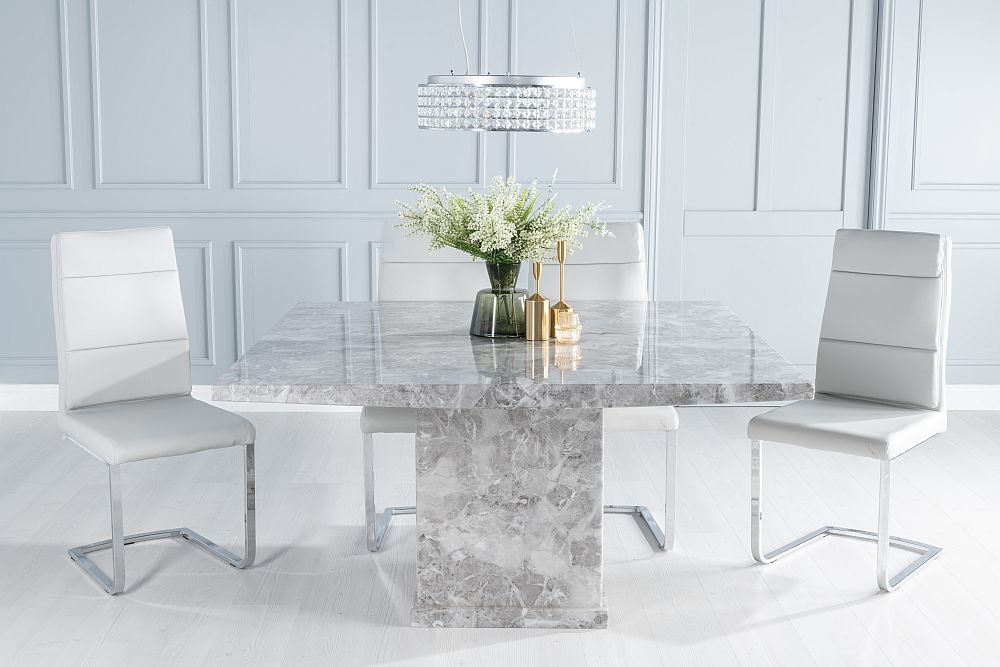 Turin Marble Dining Table Set Square Grey Top And Pedestal Base With Arabella Grey Faux Leather Chairs