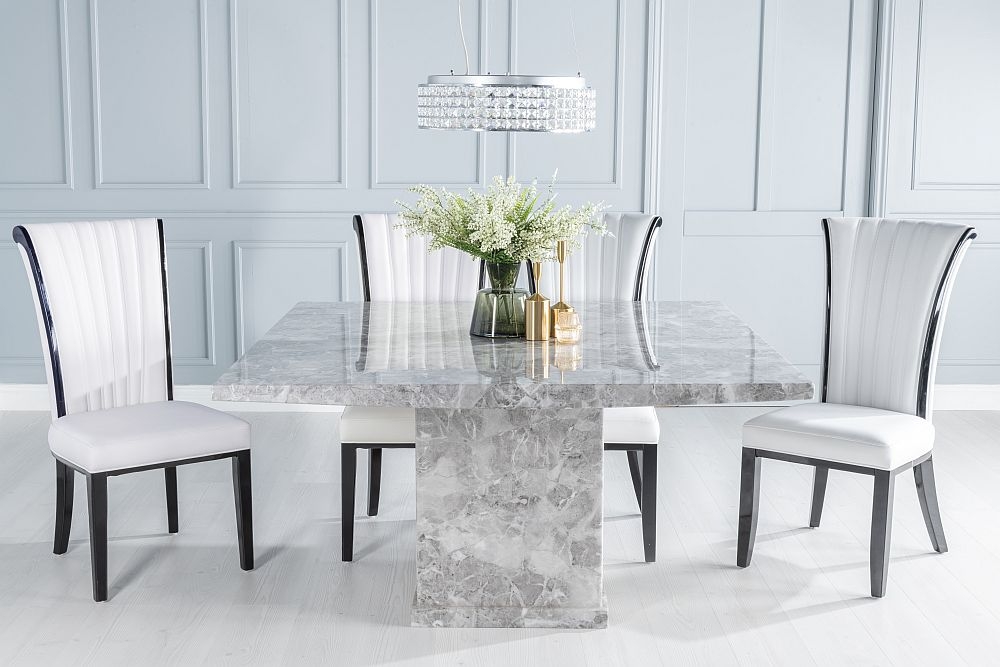 Turin Marble Dining Table Set Square Grey Top And Pedestal Base With Cadiz White Faux Leather Chairs