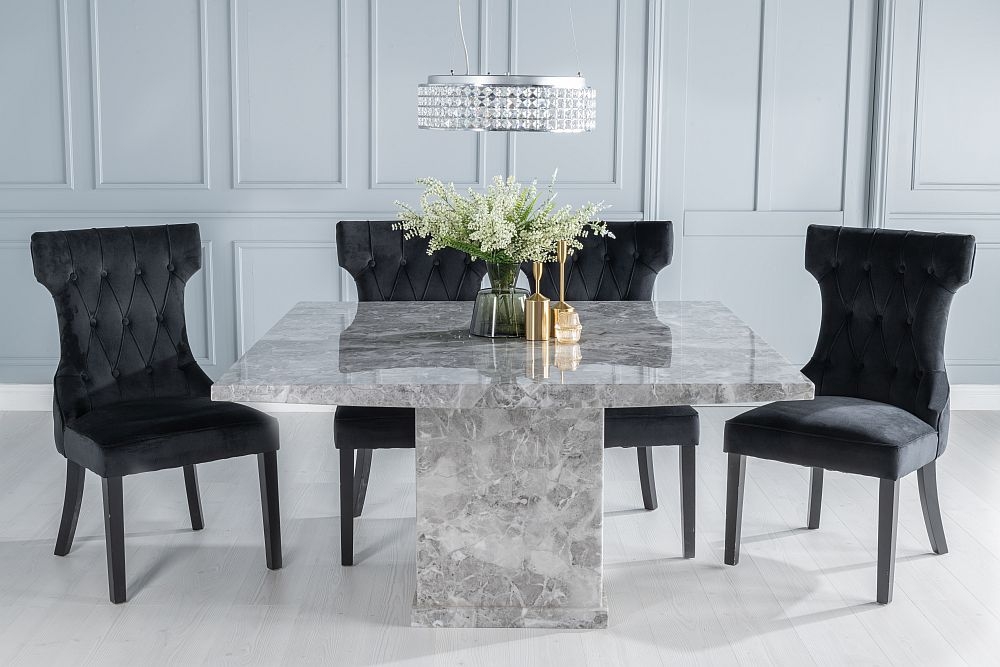 Turin Marble Dining Table Set Square Grey Top And Pedestal Base With Courtney Black Fabric Chairs