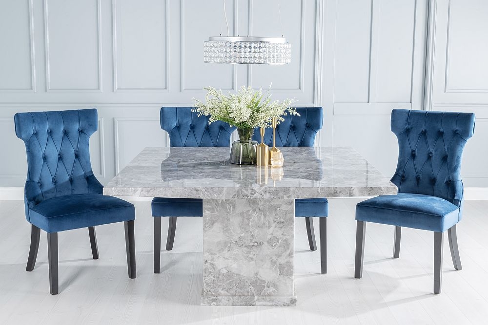 Turin Marble Dining Table Set Square Grey Top And Pedestal Base With Courtney Blue Fabric Chairs