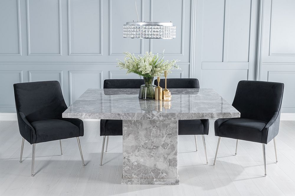 Turin Marble Dining Table Set Square Grey Top And Pedestal Base With Giovanni Black Fabric Chairs