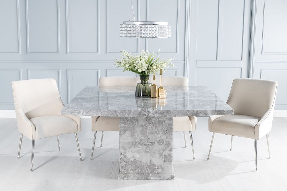 Turin Marble Dining Table Set Square Grey Top And Pedestal Base With Giovanni Champagne Fabric Chairs