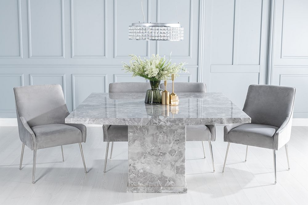 Turin Marble Dining Table Set Square Grey Top And Pedestal Base With Giovanni Light Grey Fabric Chairs