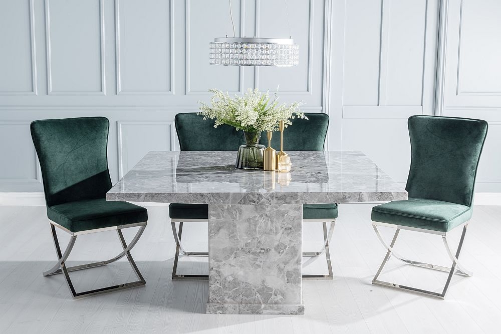 Turin Marble Dining Table Set Square Grey Top And Pedestal Base With Lyon Green Fabric Chairs