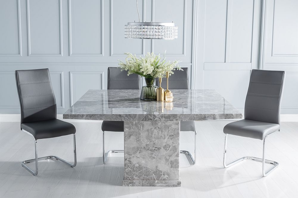 Turin Marble Dining Table Set Square Grey Top And Pedestal Base With Malibu Dark Grey Faux Leather Chairs