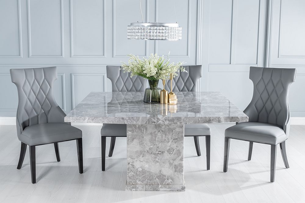 Turin Marble Dining Table Set Square Grey Top And Pedestal Base With Mimi Grey Faux Leather Chairs