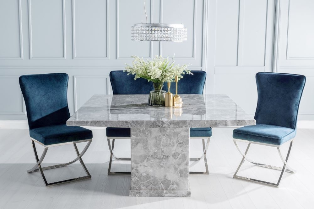 Turin Marble Dining Table Set Rectangular Grey Top And Pedestal Base With Lyon Blue Fabric Chairs