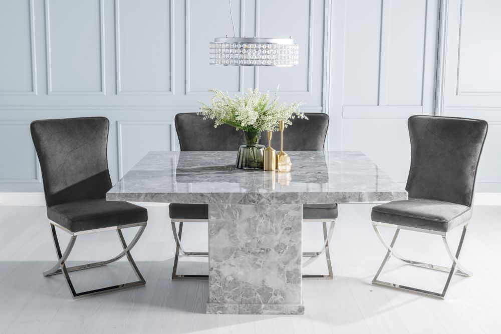 Turin Marble Dining Table Set Rectangular Grey Top And Pedestal Base With Lyon Grey Fabric Chairs
