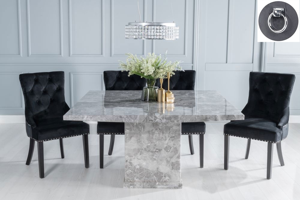 Turin Marble Dining Table Set Rectangular Grey Top And Pedestal Base And Black Fabric Knocker Back Chairs With Black Legs