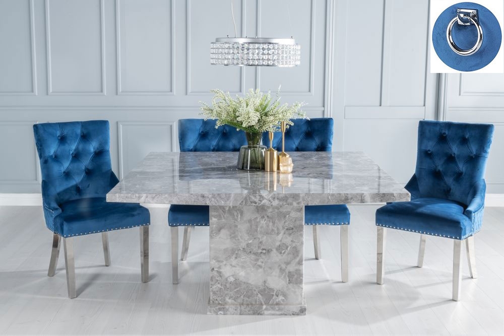 Turin Marble Dining Table Set Rectangular Grey Top And Pedestal Base And Blue Fabric Knocker Back Chairs With Chrome Legs