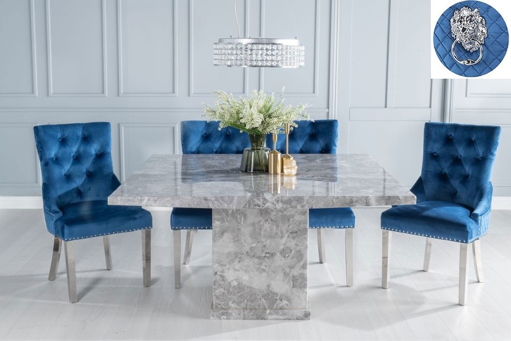 Turin Marble Dining Table Set Rectangular Grey Top And Pedestal Base And Blue Fabric Lion Head Ring Back With Chrome Legs
