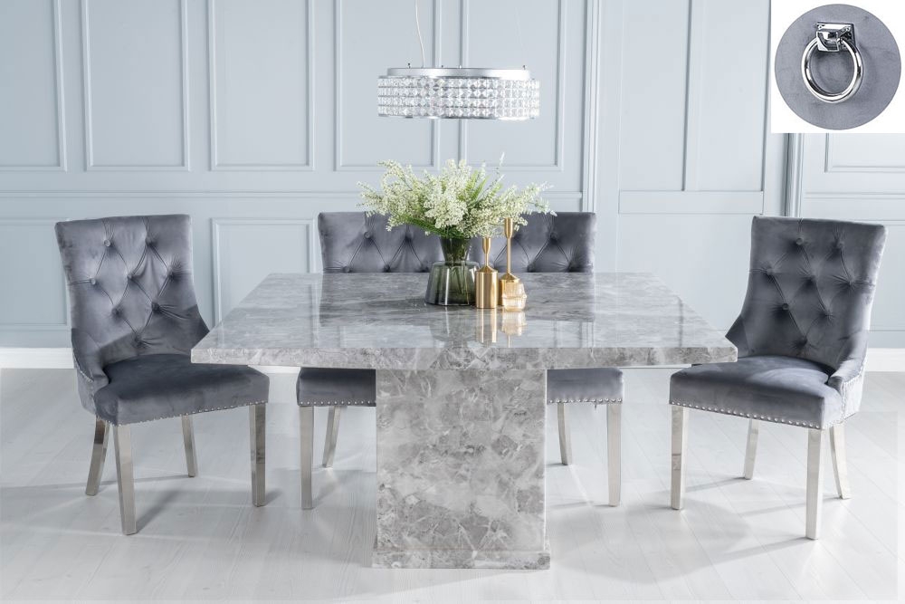 Turin Marble Dining Table Set Rectangular Grey Top And Pedestal Base And Grey Fabric Knocker Back Chairs With Chrome Legs
