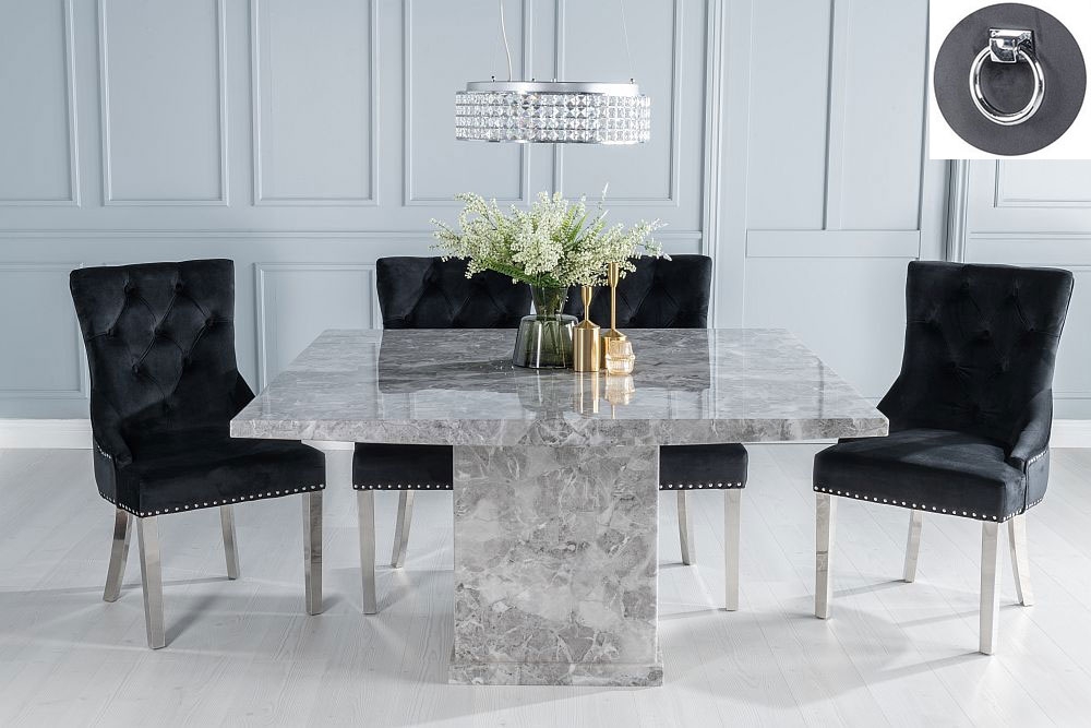 Turin Marble Dining Table Set Square Grey Top And Pedestal Base With Black Fabric Knocker Back Chairs With Chrome Legs