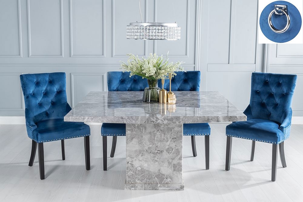Turin Marble Dining Table Set Square Grey Top And Pedestal Base With Blue Fabric Knocker Back Chairs With Black Legs