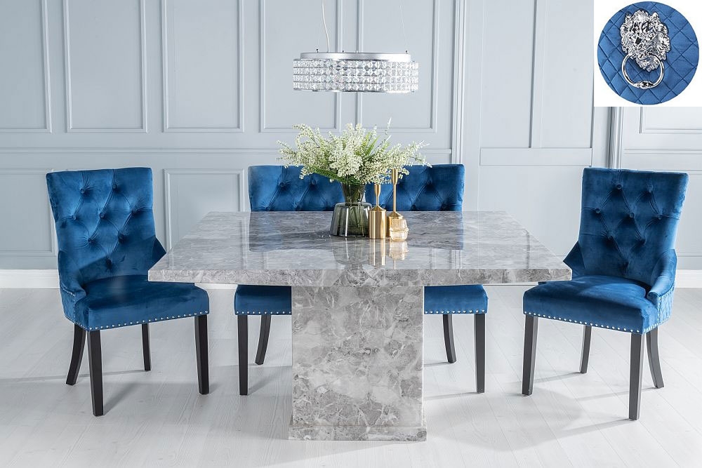 Turin Marble Dining Table Set Square Grey Top And Pedestal Base With Blue Fabric Lion Head Ring Back Chairs With Black Legs
