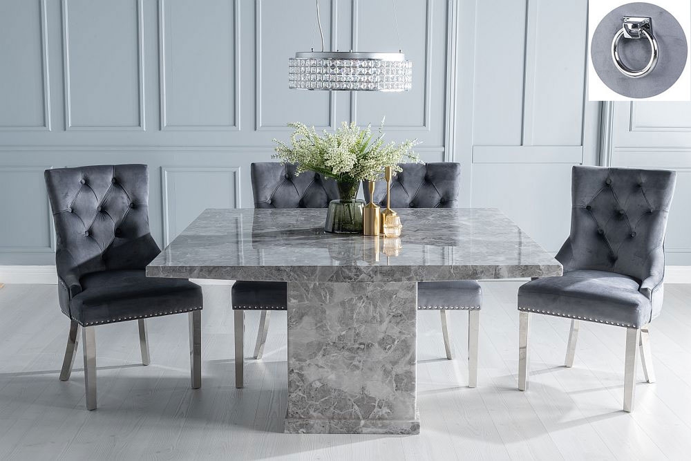 Turin Marble Dining Table Set Square Grey Top And Pedestal Base With Grey Fabric Knocker Back Chairs With Chrome Legs