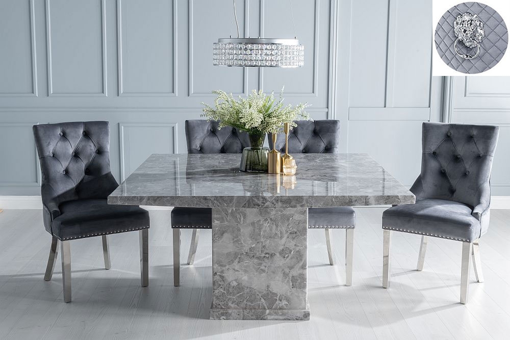 Turin Marble Dining Table Set Square Grey Top And Pedestal Base With Grey Fabric Lion Head Ring Back Chairs With Chrome Legs