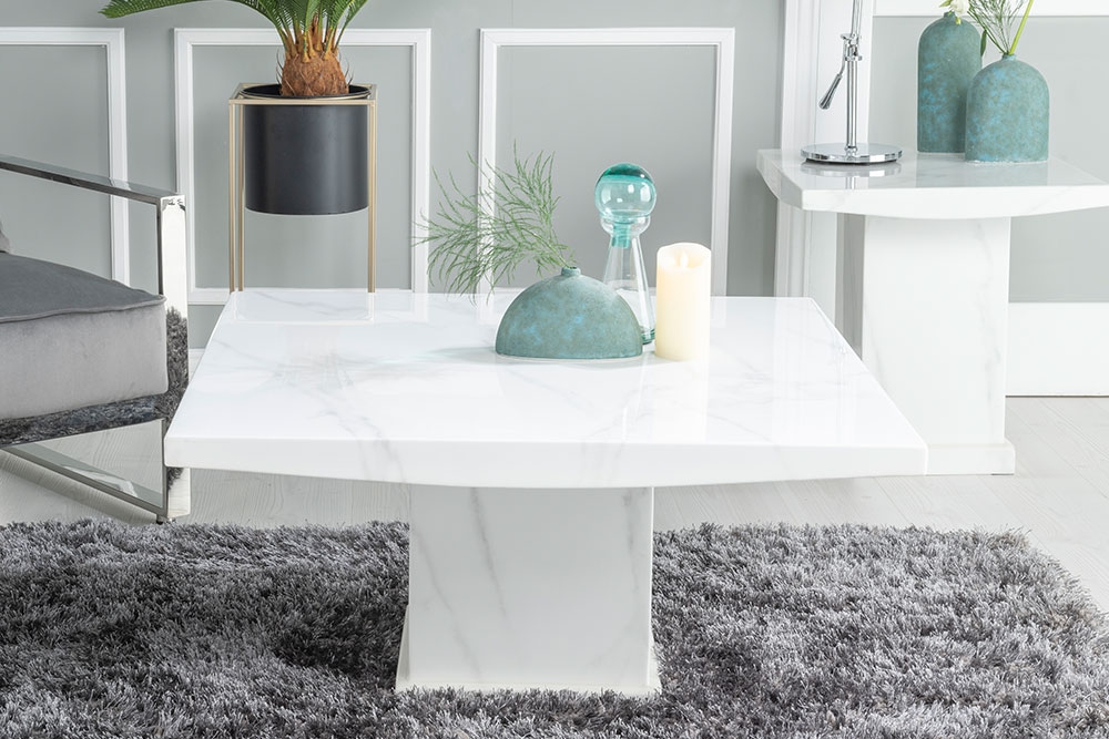 Turin Marble Coffee Table White Square Top With Pedestal Base