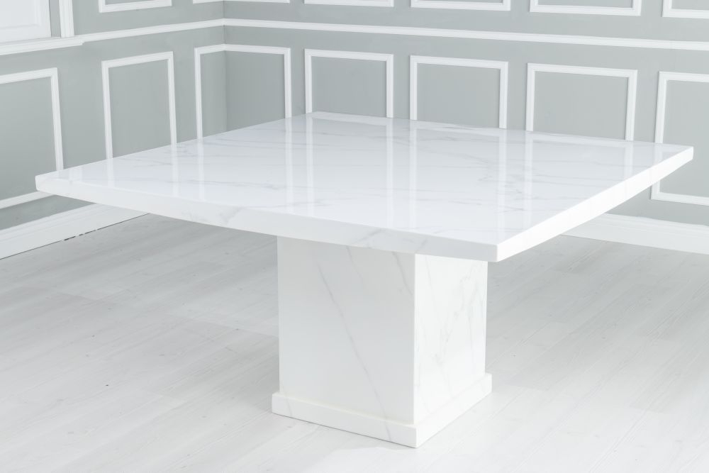 Turin Marble Dining Table White 140cm Seats 6 To 8 Diners Square Top With Pedestal Base