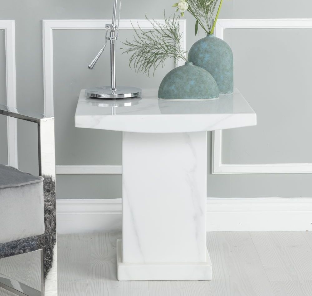 Turin Marble Lamp Table White Square Top With Pedestal Base