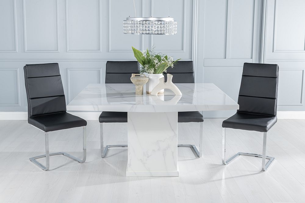 Turin Marble Dining Table Square White Top And Pedestal Base With Arabella Black Faux Leather Chairs
