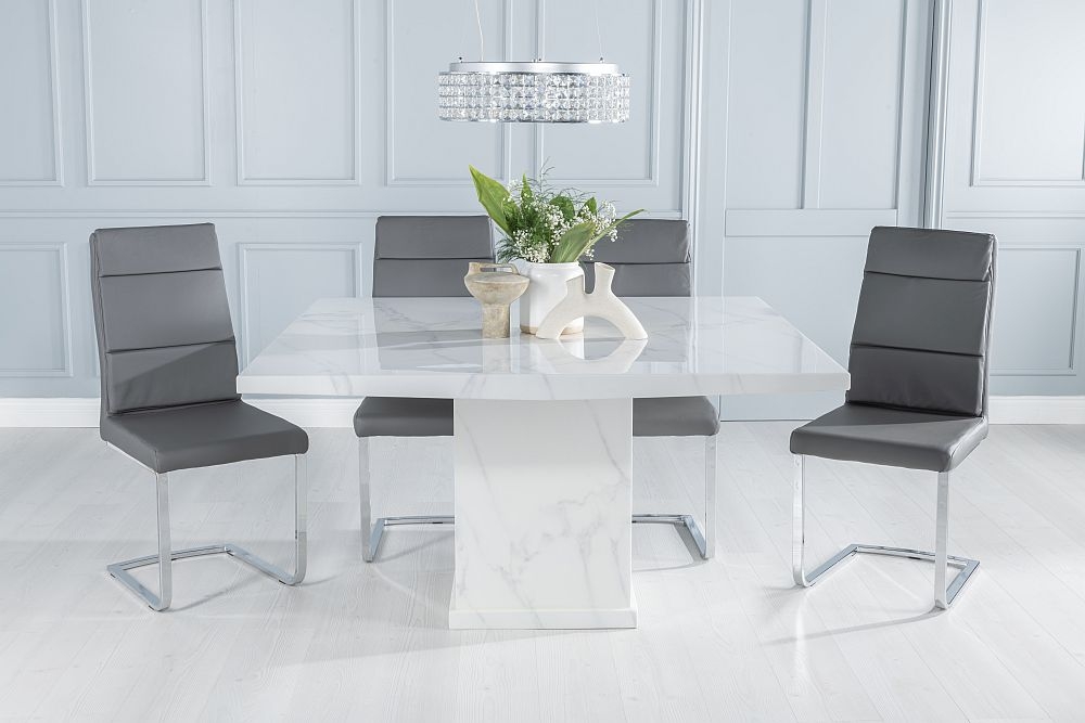 Turin Marble Dining Table Square White Top And Pedestal Base With Arabella Dark Grey Faux Leather Chairs