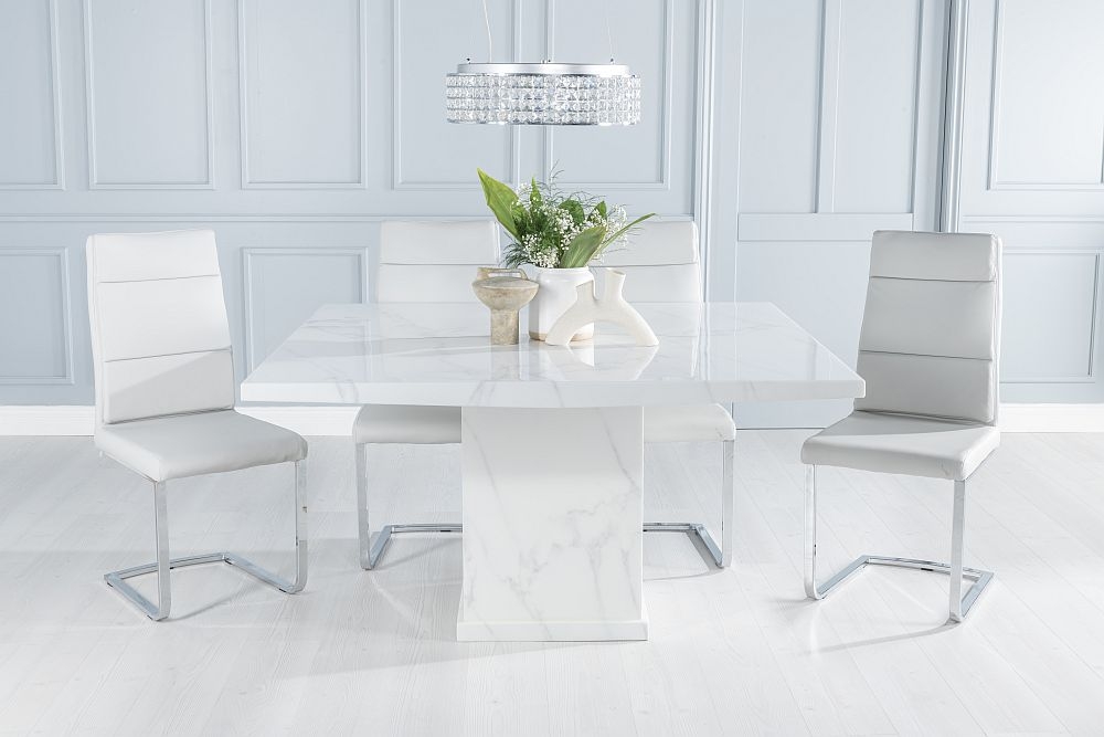 Turin Marble Dining Table Square White Top And Pedestal Base With Arabella Grey Faux Leather Chairs