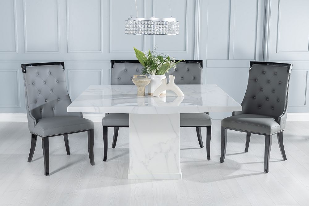 Turin Marble Dining Table Square White Top And Pedestal Base With Carmela Cream Faux Leather Chairs