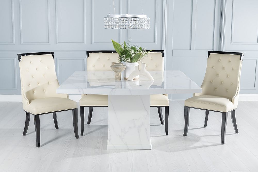 Turin Marble Dining Table Square White Top And Pedestal Base With Carmela Grey Faux Leather Chairs