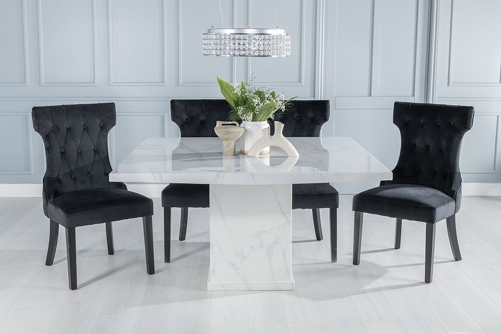 Turin Marble Dining Table Square White Top And Pedestal Base With Courtney Black Fabric Chairs