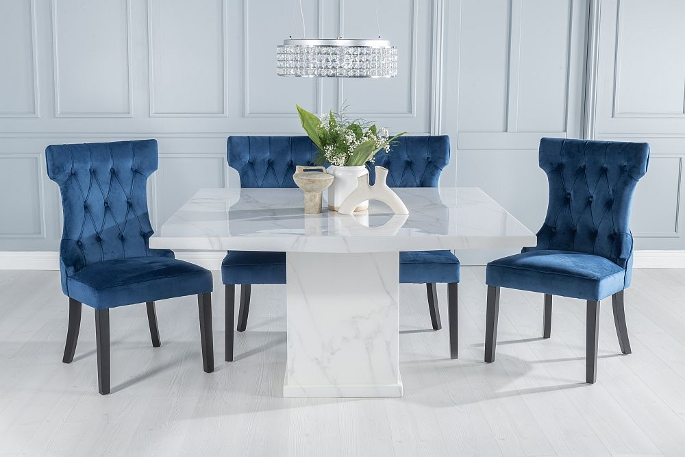 Turin Marble Dining Table Square White Top And Pedestal Base With Courtney Blue Fabric Chairs