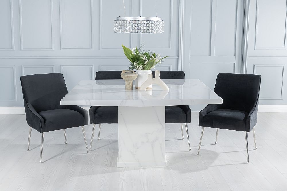 Turin Marble Dining Table Square White Top And Pedestal Base With Giovanni Black Fabric Chairs