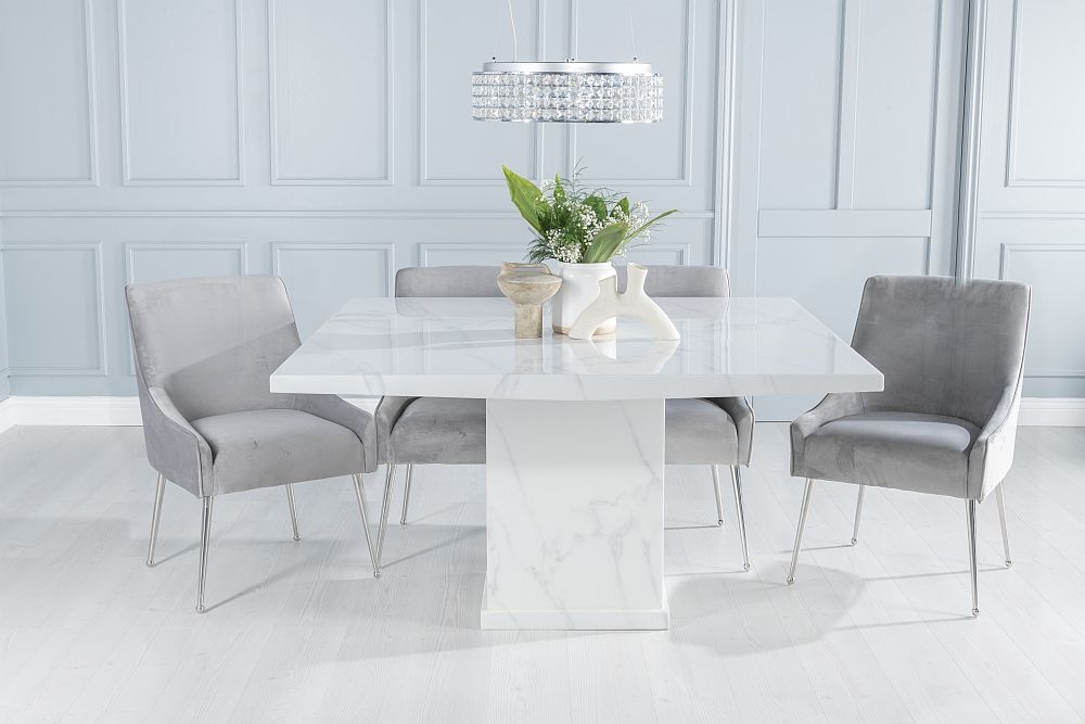 Turin Marble Dining Table Square White Top And Pedestal Base With Giovanni Light Grey Fabric Chairs
