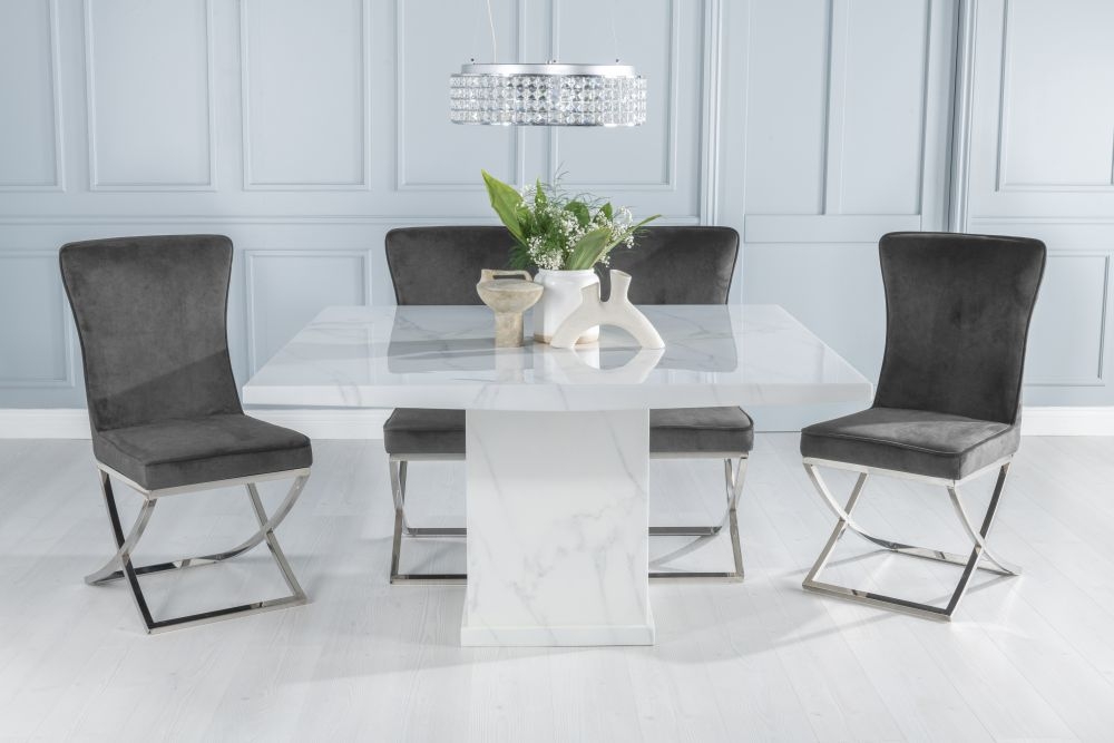 Turin Marble Dining Table Set Rectangular White Top And Pedestal Base With Lyon Grey Fabric Chairs