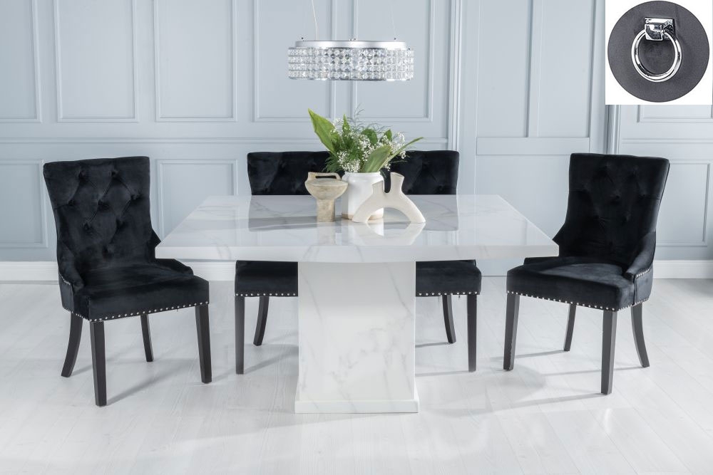 Turin Marble Dining Table Set Rectangular White Top And Pedestal Base And Black Fabric Knocker Back Chairs With Black Legs