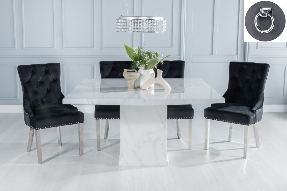 Turin Marble Dining Table Set Rectangular White Top And Pedestal Base And Black Fabric Knocker Back Chairs With Chrome Legs