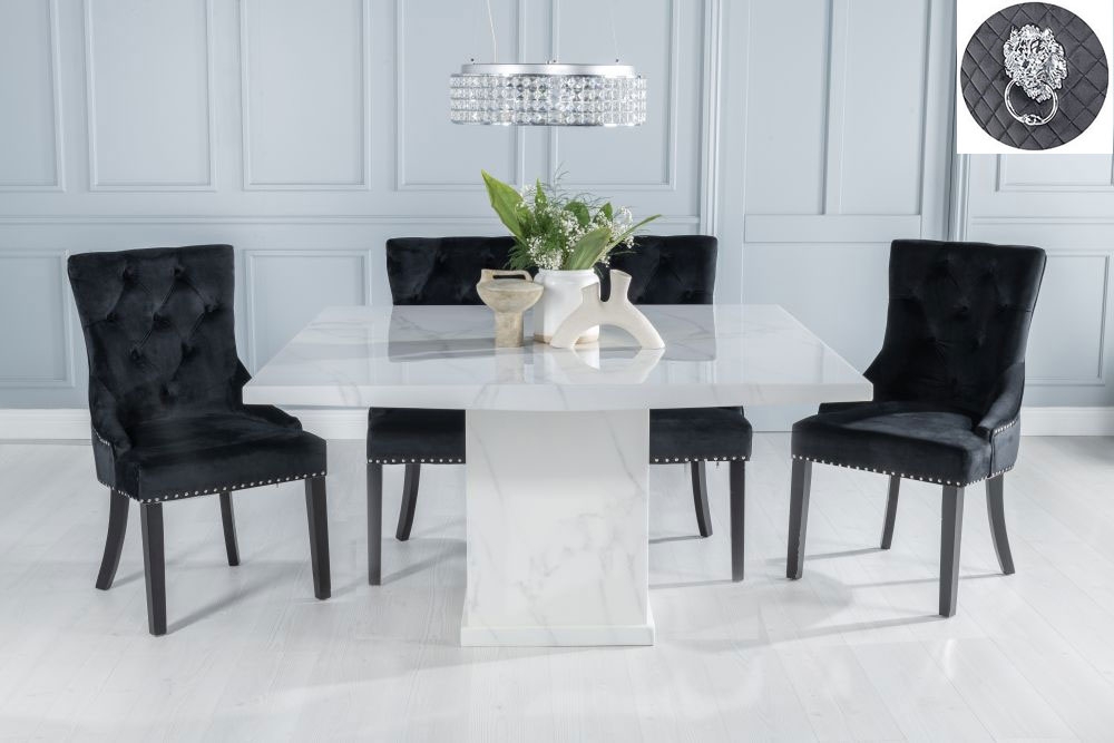 Turin Marble Dining Table Set Rectangular White Top And Pedestal Base And Black Fabric Lion Head Ring Back Chairs With Black Legs