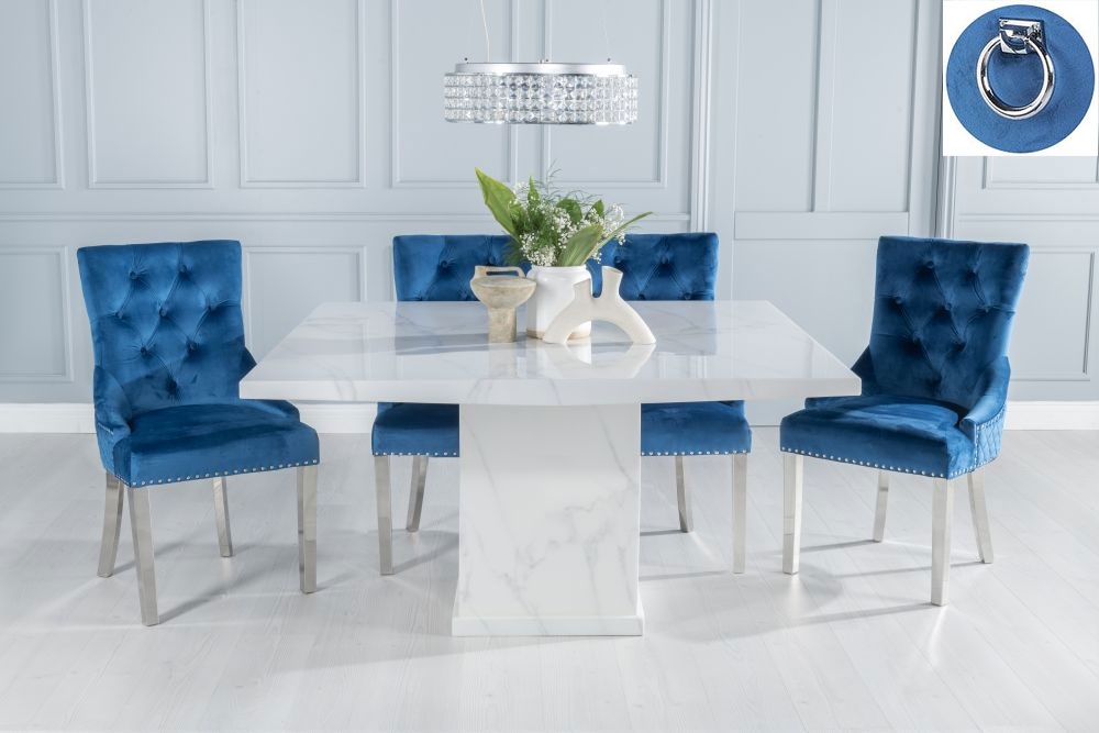 Turin Marble Dining Table Set Rectangular White Top And Pedestal Base And Blue Fabric Knocker Back Chairs With Chrome Legs