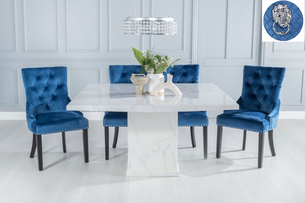 Turin Marble Dining Table Set Rectangular White Top And Pedestal Base And Blue Fabric Lion Head Ring Back Chairs With Black Legs