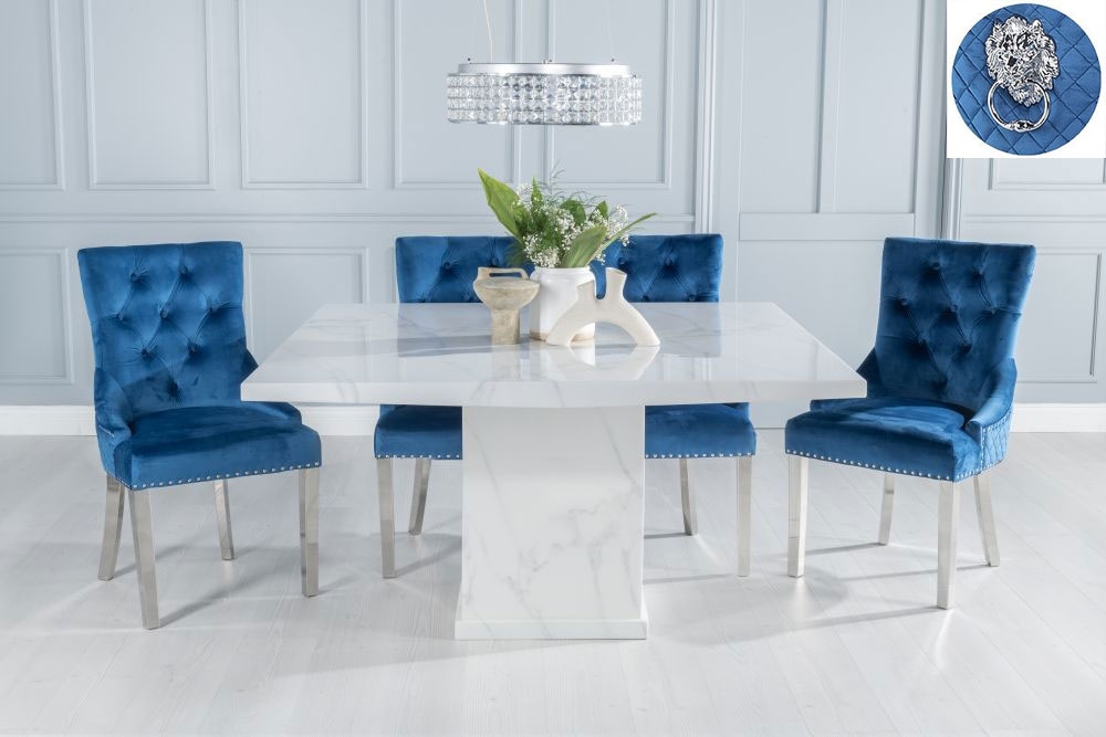 Turin Marble Dining Table Set Rectangular White Top And Pedestal Base And Blue Fabric Lion Head Ring Back Chairs With Chrome Legs