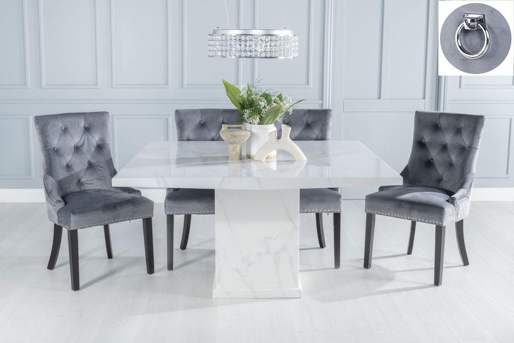 Turin Marble Dining Table Set Rectangular White Top And Pedestal Base And Grey Fabric Knocker Back Chairs With Black Legs