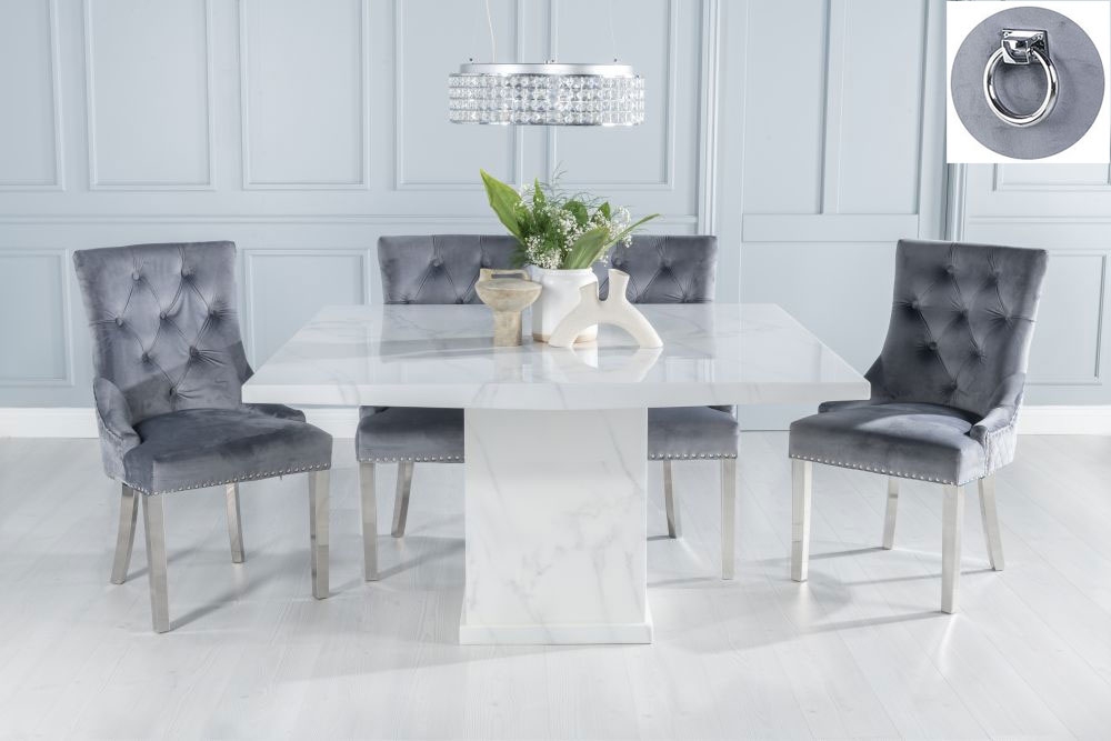 Turin Marble Dining Table Set Rectangular White Top And Pedestal Base And Grey Fabric Knocker Back Chairs With Chrome Legs