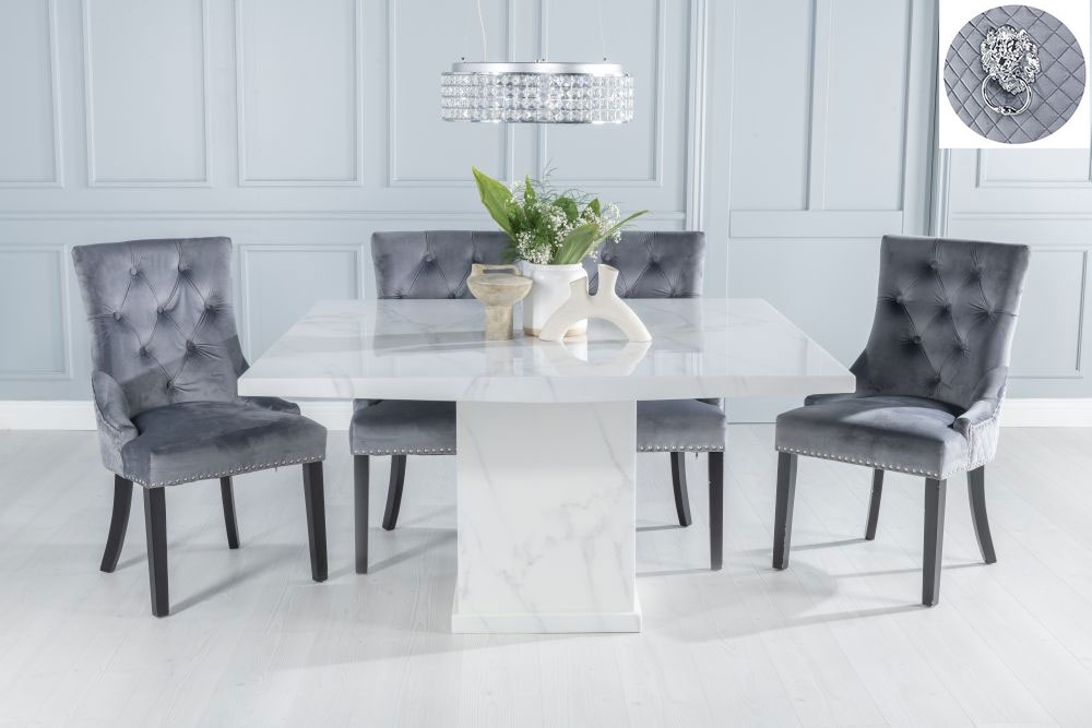 Turin Marble Dining Table Set Rectangular White Top And Pedestal Base And Grey Fabric Lion Head Ring Back Chairs With Black Legs