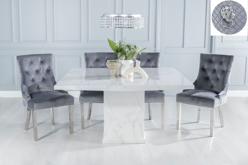 Turin Marble Dining Table Set Rectangular White Top And Pedestal Base And Grey Fabric Lion Head Ring Back Chairs With Chrome Legs