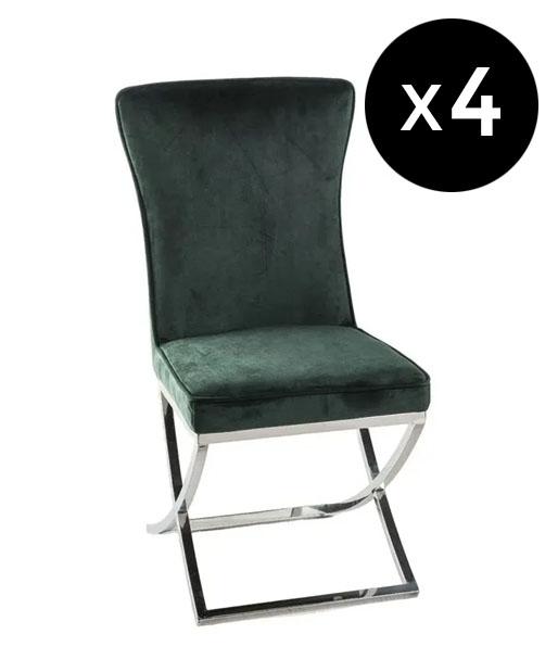 Set Of 4 Lyon Cross Leg Green Dining Chair Plush Velvet Fabric With Tufted Buttoned Back Chrome Metal Base