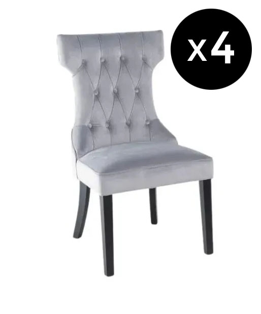 Set Of 4 Courtney Light Grey Dining Chair Tufted Velvet Fabric Upholstered With Black Wooden Legs