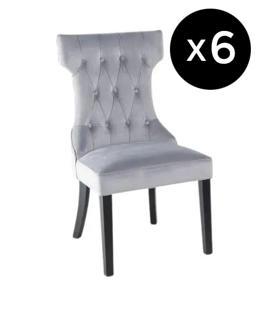 Set Of 6 Courtney Light Grey Dining Chair Tufted Velvet Fabric Upholstered With Black Wooden Legs